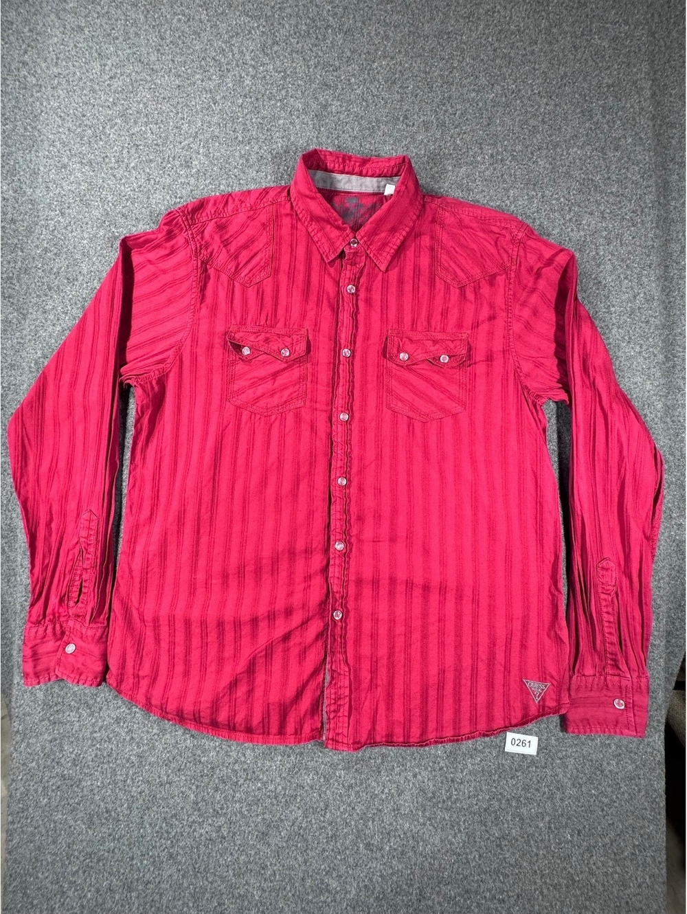 Men's Red Long Sleeve Button-Up Shirt with Chest Pockets, Size Measured